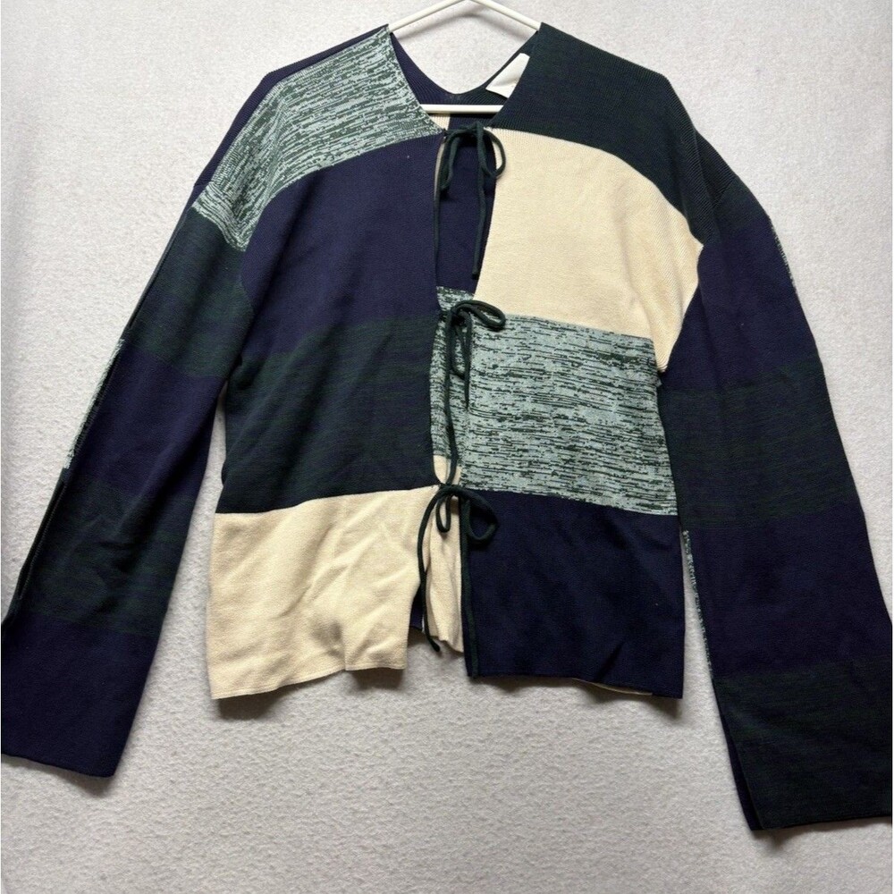 SKFK Color block Tie Front Sweater Green Blue Organic Cotton Size Large Martina
